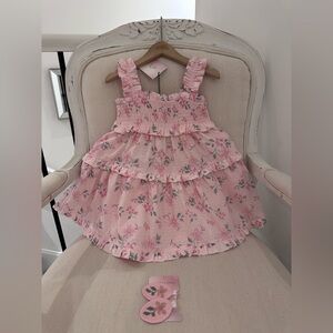 🎀 4T Pink Floral Needlepoint Ruffle Dress with Matching Hair Accessories NWT